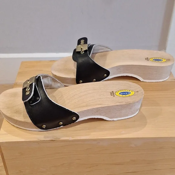 Nearly new vtg Dr Scholls original Black Leather Wood sz 7 - Picture 5 of 12